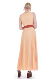 60s 70s Alfred Shaheen Pleated Peach Orange Floral Border Print Wide Sweeping Maxi Dress Size M