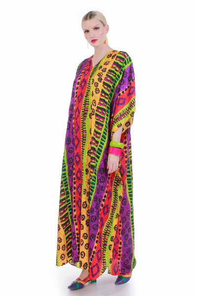 80s Colorful Silky Caftan Maxi Dress Striped Tribal MuuMuu One Size Fits Most