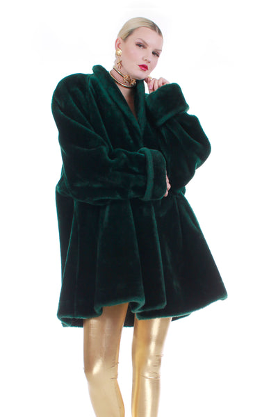 80s Green Faux Fur Swing Coat Plush Soft Overszied Made in the USA Size XL