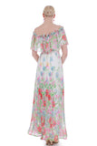 60s 70s Poppy Print Gauze Floral Off Shoulder Pleated Maxi Dress Size S 34" bust