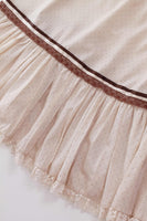 70s Cream Swiss Dot Maxi Dress Ruffle Hem Boho Chic Brown Satin Trim Size M