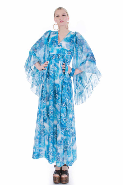 70s Vintage Blue Floral Angel Sleeve Boho Hippie Summer Caftan Empire Maxi Dress Size S 34" bust