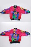 80s Vintage PICASSO Art Print Silky Pink Purple Baggy Windbreaker Jacket Size L