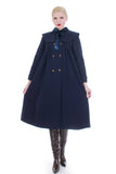 60s Navy Blue Wool Cape Coat Lolita Dolly Wide Sweeping A-line Rothschild Size S