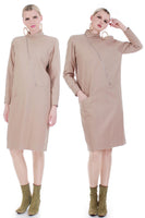 Vintage COURREGES Paris Beige Wool Zippered Dress 80s Futuristic Women's Size M-L 43" Bust