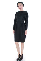 Embroidered Black Silk Backless Batwing Long Sleeve Midi Vintage Dress S - M - 8 - 27" waist