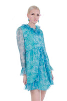 60s Blue Floral Chiffon Double Layer Ruffle Mini Dress 34-25-37
