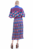 Vintage Diane Freis Geo Patterned Pleated Georgette Blue Pink Abstract Blouson Dress Size M