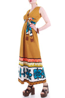 60s MALIHINI Hawaii Barkcloth Tiki Floral Mustard Yellow Blue Wrap Maxi Dress Size S-M-8