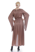 70s Shiny Brown Disco Queen Draped Angel Sleeve Maxi Wrap Dress Size S