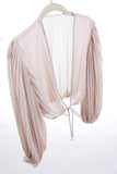 Vintage Sheer Crepe Pleated Balloon Sleeve Tie Front Ivory Crop Top Size L