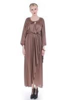 70s Shiny Brown Disco Queen Draped Angel Sleeve Maxi Wrap Dress Size S