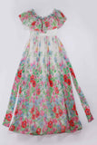 60s 70s Poppy Print Gauze Floral Off Shoulder Pleated Maxi Dress Size S 34" bust