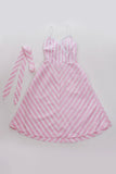 Pink White Striped Cotton Sundress Backless Belted Summer Midi Dress Size M