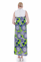 60s Nalii Hawaiian Barkcloth Neon Green Blue White Mod MuuMuu Maxi Dress S 40" bust
