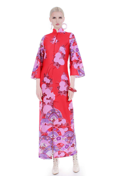 vintage silky red asian hawaiian bell sleeve kimono maxi dress loungewear hippie boho