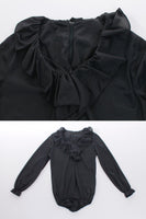70s Vtg Ruffled Bodysuit Semi Sheer Black Nylon Loungewear Long Sleeve Onesie Size S-M 38"-32"-34"