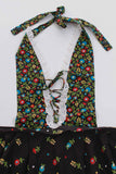 70s Floral Cotton Corset Halter Apron Maxi Dress Black Ruffle Eyelet Collar OSFA