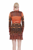 70s 2pc Psychedelic Knit Mini Dress and Top Orange Floral Boho Mod Size XS