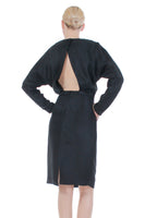 Embroidered Black Silk Backless Batwing Long Sleeve Midi Vintage Dress S - M - 8 - 27" waist