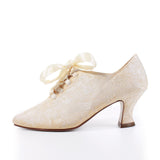 80s Victorian Satin Brocade Lace Up Ivory Ankle Booties Wedding Shoes Size US 7 - UK 5 - EUR 37