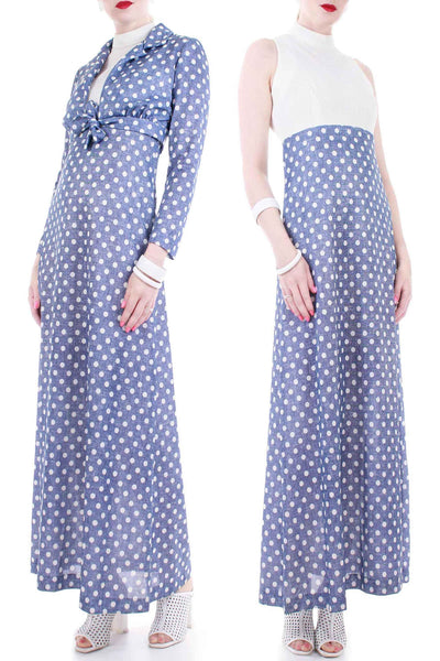 70s 2pc Polka Dot Poly Knit Maxi Dress and Crop Top Dusky Denim Blue and White