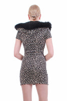 90s Raver Hooded Faux Fur and Leopard Stretch Velvet Mini Bodycon Dress Made in the USA XS-S