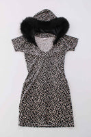 90s Raver Hooded Faux Fur and Leopard Stretch Velvet Mini Bodycon Dress Made in the USA XS-S