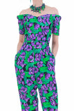 80s Botanical Green Purple Floral Off Shoulder Tapered Rayon Jumpsuit Size S 26" waist