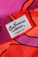 50s 60s Barkcloth SUN FASHIONS Pink Orange Psychedelic Floral Wiggle Maxi Dress Pake Muu Made in Hawaii Size XS...2...32"bust...26"waist