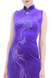 90s Stretch Velvet Airbrush Glitter Floral Purple Cheongsam Maxi Midi Dress Size XS-S