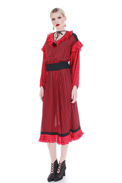 vintage diane freis red black striped ruffle peasant dress medium large 80s fashion