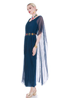 70s Deco Grecian Sheer Pleated Navy Blue Caftan Maxi Dress Disco Diva Goddess Size Medium-Large 36"-40" bust 34-40" waist
