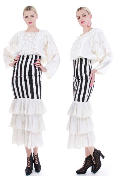 80s French Victorian Punk 2pc Ruffle Black White Striped High Waist Skirt and Satin Batwing Blouse