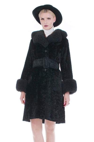 60s Black Faux Fur Shearling Collar and Cuffs Belted Princess Coat