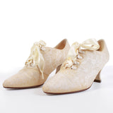 80s Victorian Satin Brocade Lace Up Ivory Ankle Booties Wedding Shoes Size US 7 - UK 5 - EUR 37