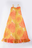 60s MALIA Honolulu Chrysanthemum Yellow Orange Crepe de Chine MuuMuu Maxi Dress Women Size Small 34" bust
