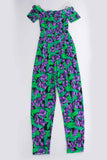 80s Botanical Green Purple Floral Off Shoulder Tapered Rayon Jumpsuit Size S 26" waist
