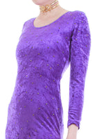 90s Studded Crushed Velvet Purple Gold Long Sleeve Bodycon Midi Dress Size Small 34"-28"-34"