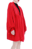 80s Pleated Bishop Sleeve Red Knit Batwing Cardigan Sweater Jacket Beaded with Lace Women Size XL...46&quot; free bust
