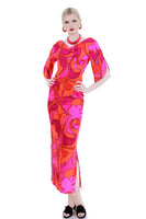 50s 60s Barkcloth SUN FASHIONS Pink Orange Psychedelic Floral Wiggle Maxi Dress Pake Muu Made in Hawaii 