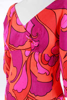 50s 60s Barkcloth SUN FASHIONS Pink Orange Psychedelic Floral Wiggle Maxi Dress Pake Muu Made in Hawaii Size XS...2...32"bust...26"waist