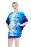 Vintage Pleated Tropical Short Caftan Semi Sheer Blue White Floral Hawaiian Top Resort Wear Womens Size Small...Medium...Large...XL...OSFA