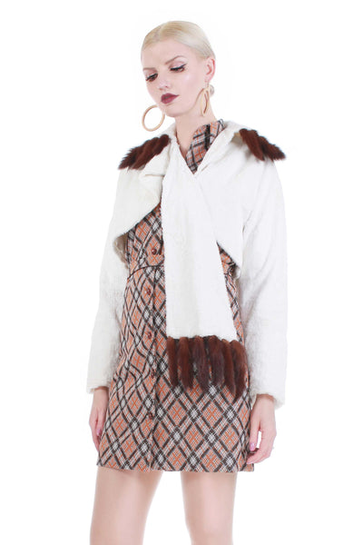 60s Mink Tail Faux Fur Cropped Jacket White and Brown Women's Size Small