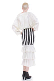 80s French Victorian Punk 2pc Ruffle Black White Striped High Waist Skirt and Satin Batwing Blouse Set Womens Size XS...S...27" waist