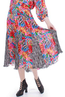 80s MAYEELOK France Wildly Colorful Abstract Mixed Print Semi Sheer Georgette Puff Sleeve Dress Women Size Medium...Large...XL...42" bust