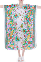 Vintage Botanical Floral White Colorful Silky Brocade Caftan Maxi Dress MuuMuu Loungewear House Dress Women OSFA 42" wide 49" long