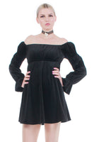 Black Velvet Peasant Babydoll Empire Waist Mini Dress 90s Vintage Boho Gypsy Goth USA Women's Size Small