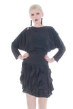 80s Ruffled Batwing Silky Black Rayon Drop Waist Dress with Embroidered Rose Made in the USA