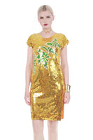 80s Vtg PALM Gold Metallic and Green Sequin Beaded Wiggle Dress Womens Size small